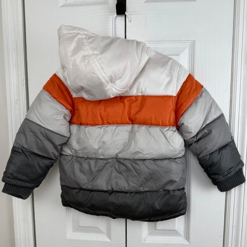 Old Navy Puffer Coat Lined White Orange Gray Color Block Hooded‎ 3T Winter